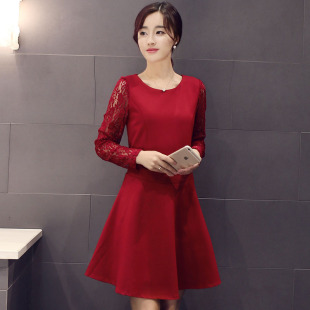 2015新款秋装女连衣裙红色婚礼服蕾丝袖子修身群百搭时尚
