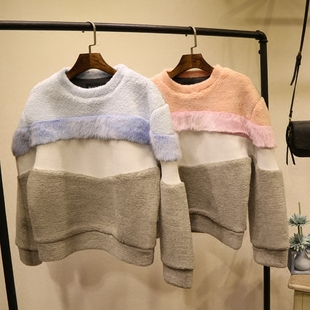 2015韩版冬季新款加绒羊羔毛短款卫衣女套头宽松加厚保暖打底衫女