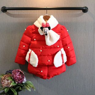 2015冬季新品童装 女童米老鼠卡通图案围巾棉衣+棉短裤可单卖