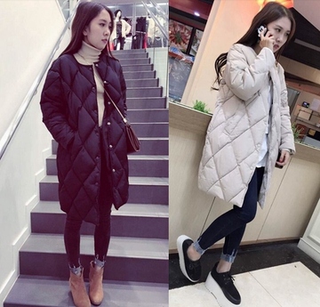 棉衣女中长款韩国2015冬装新款女装外套菱格修身加厚羽绒棉服女潮