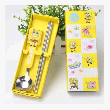 韩式可爱便携式不锈钢餐具 创意卡通儿童勺子筷子套装礼品