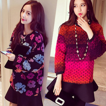 2015韩版秋冬装新款时尚减龄色彩拼接长袖修身显瘦连衣裙女