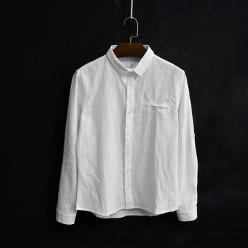 日系棉麻男士衬衫白色复古文艺衬衣打底修身原创纯色韩版长袖潮牌