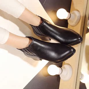欧美代购 2015新款短靴女靴 头层牛皮低跟尖头短筒靴真皮马丁靴