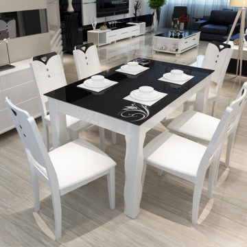 现代简约餐桌椅组合6人4人钢化玻璃实木小户型长方形饭桌