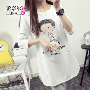 蕾奈尔新款韩版卡通字母印花中长款T恤女2016春圆领套头体恤长袖