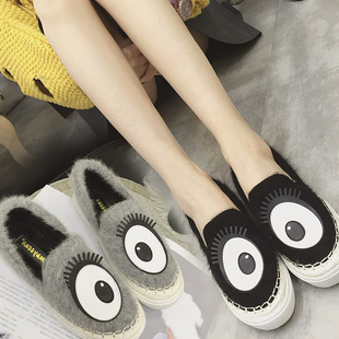 2015加棉兔毛鞋子女韩版毛毛鞋厚底松糕鞋加绒卡通眼睛学生单鞋潮