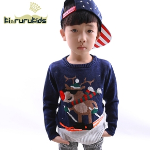 韩国童装男童圣诞款麋鹿宝宝卡通套头毛衣2015秋冬新款可爱针织衫