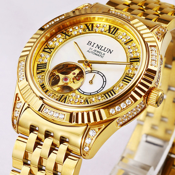 瑞士手表机械表镂空全自动防水精钢手表超薄商务休闲金色腕表男表