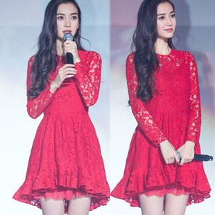 韩版套装裙子中长款angel baby杨颖同款红色镂空蕾丝连衣裙女用版
