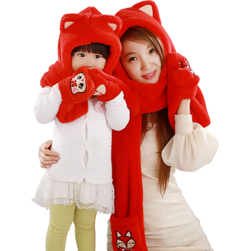 秋冬季韩版儿童帽子围脖手套一体宝宝围巾加绒连体三件套亲子装女