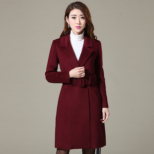2015冬季羊毛呢外套长款西装领西服酒红色系带韩版修身羊绒女大衣