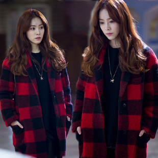 2015新款韩国秋冬装明星同款红格子中长款宽松韩版毛呢外套大衣女