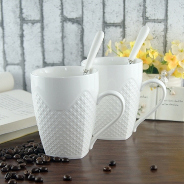 创意浮雕陶瓷水杯 咖啡杯牛奶杯 钻石日用杯具把杯 马克杯带盖勺