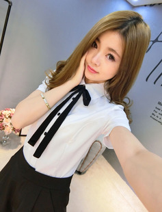 夏季短袖白衬衫新款女韩版修身衬衣小清新女装上衣领结衬衫工作服