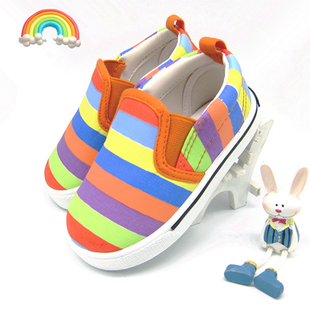 春秋男童女宝宝布鞋1-2-3两岁彩虹条纹儿童帆布鞋低帮一脚蹬板鞋