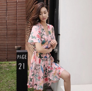 韩国正品代购夏秘密花园优雅柔美粉色印花收腰气质V领减龄连衣裙