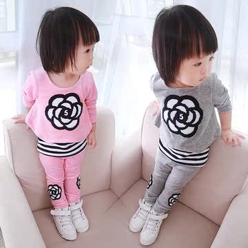 2015童装春款韩版女童套装 小童套装 粉色花朵时尚舒适1-2-3-4岁