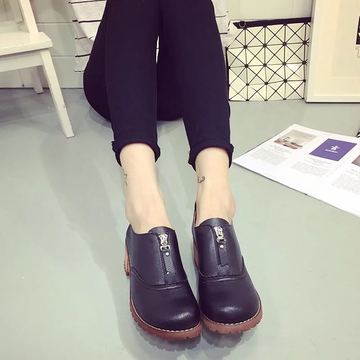 2015坡跟圆头黑色深口秋季新款布洛克牛筋底休闲女鞋学生鞋