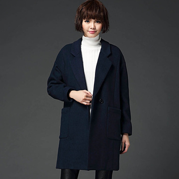 15新款韩版冬款双面呢毛衣外套开衫女中长款纯色加厚翻领羊毛大衣