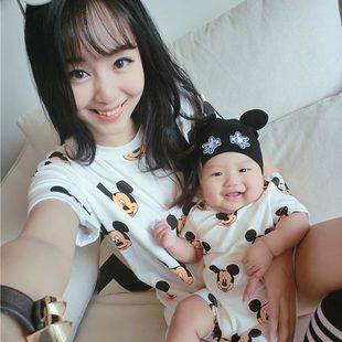 2016韩国亲子装夏装全家装新款米奇短袖母女母子T恤童装批发1111