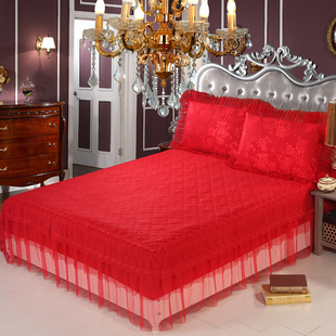 纯棉蕾丝床裙单件大红色夹棉床笠结婚庆欧式床罩双人粉色床盖加厚