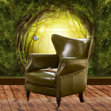 美式乡村复古家具绿色油蜡真皮宜家小户型客厅单人休闲沙发椅正品