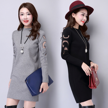 2015秋冬新款韩版圆领蕾丝长袖中长款套头毛衣女修身打底针织衫女