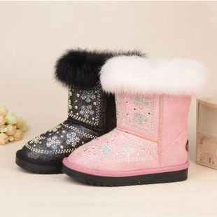 女童雪地靴2015新款冬季黑色加绒水钻棉靴子加厚