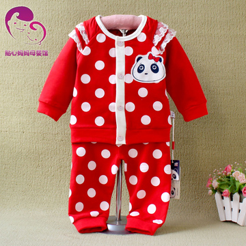 超萌熊猫图案大波点时尚女宝宝套装 0-2岁外穿蕾丝秋款女童装红
