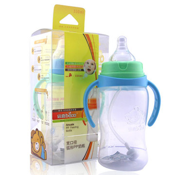 倍喜塑料婴儿奶瓶 宽口径防胀气奶瓶330ml 带手柄吸管塑料PP奶瓶