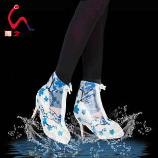 女式时尚防滑耐磨加厚底雨鞋套 校园学生印花高跟雨天防雨鞋套