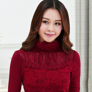 2015秋冬季潮加绒加厚高领打底衫韩版大码女装保暖修身短款蕾丝衫