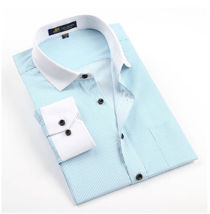 保罗2015夏装新款休闲异色领条纹衬衫 男长袖休闲修身韩衬衣男装