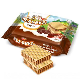 俄罗斯进口零食小牛KOPOBKA巧克力牛奶夹心饼干人气威化150g
