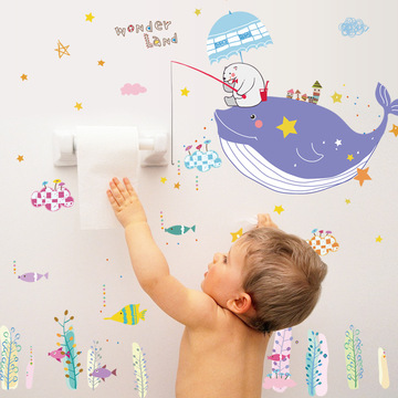 儿童房幼儿园装饰贴画墙贴纸卡通动物自粘墙纸海豚鱼可移动墙粘纸