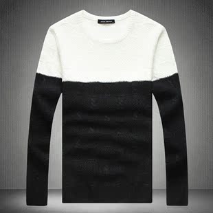 男士黑白拼接圆领毛衣 2015新款韩版休闲针织衫 潮男修身加厚毛衫