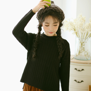 韩版秋冬新款宽松半高领短款长袖毛衣前短后长粗线套头针织衫女