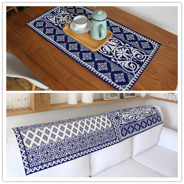 蓝白印染 印花青花瓷 中国古典风 棉麻 桌布万能沙发盖布餐巾餐垫