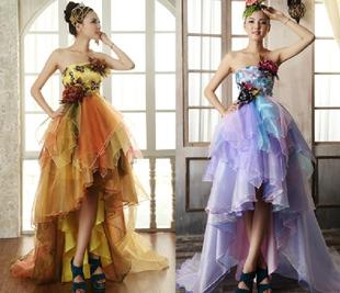 包邮2016新款韩版前短后长小拖尾紫色花朵新娘婚纱伴娘礼服演出服