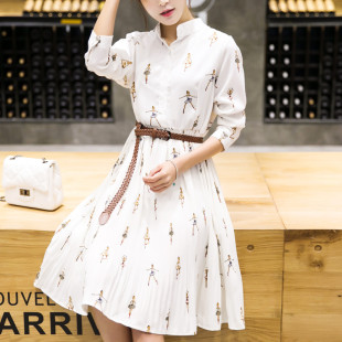 实拍秋季新款女装韩版立领抽象印花长袖显瘦衬衫连衣裙+腰带