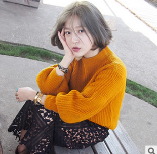 2015韩国秋冬新款纯色高领灯笼袖套头针织衫保暖厚款毛衣女潮420