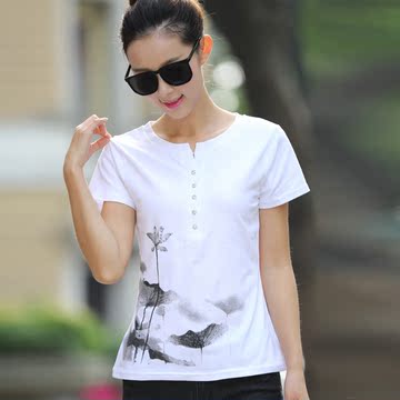 中国风水墨印花半开领短袖白色t恤衫夏季新大码女装显瘦上衣xxxxl