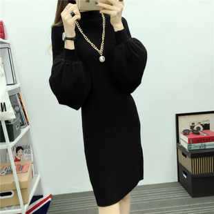 2015时尚韩版最新半高领宽松灯笼袖中长款针织毛衣裙
