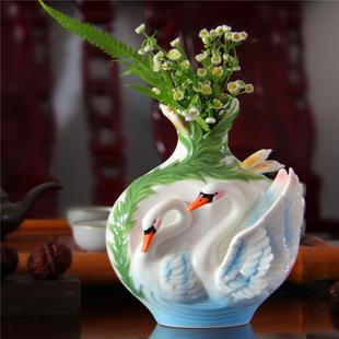 全国包邮景德镇陶瓷花瓶 珐琅彩法蓝瓷装饰花瓶 工艺品摆件天鹅瓶