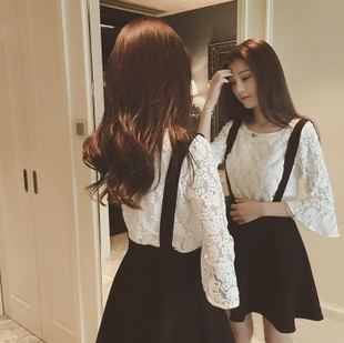 2016秋装韩国新款圆领七分袖蕾丝背带半身裙短裙两件套连衣裙女