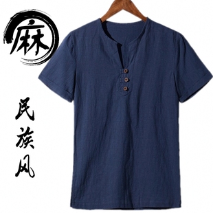 中国民族风 男亚麻T恤夏季居士服短袖禅修服薄款茶人棉麻中式汉服