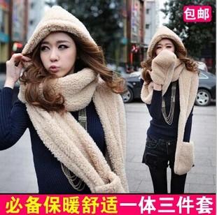 新款韩版 围巾帽子手套一体可爱双层毛绒加厚保暖三件套冬女