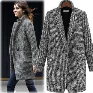2015欧洲站冬装新款立领格子长袖呢子外套时尚显瘦中长款毛呢大衣