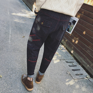 2015冬装新款日系复古多口袋磨毛牛仔裤宽版宽松低裆跨裤